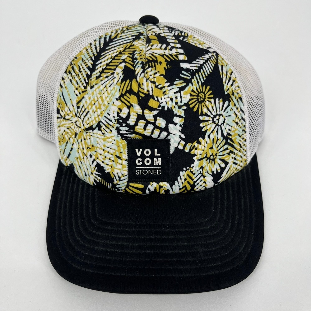 Volcom Stoned Women Floral Tropical Mesh Snapback Trucker Hat Black White Yellow